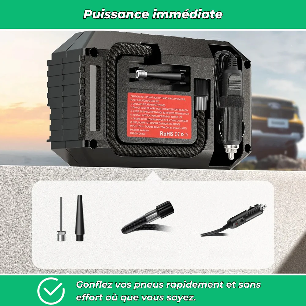 Compresseur d’air portable 12V – Gonfleur pneus voiture moto vélo LED - Image 3