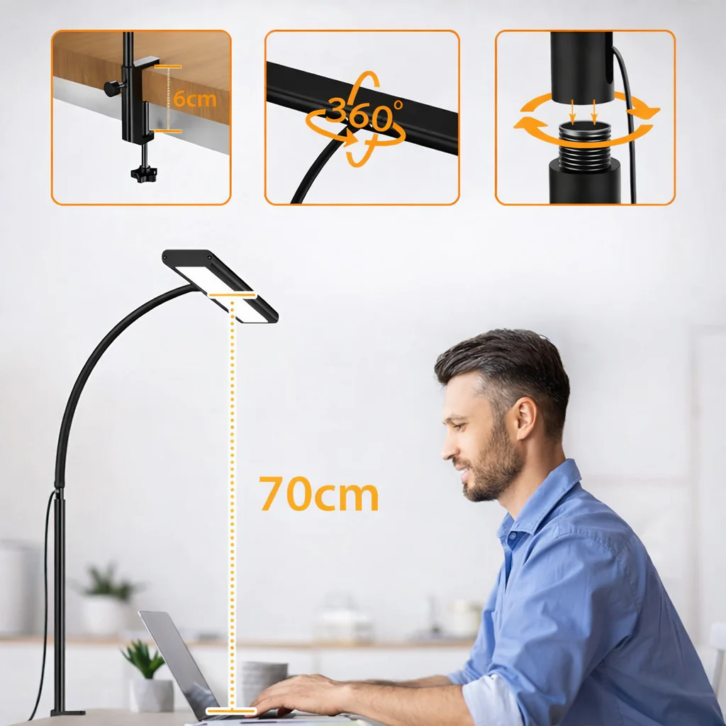 Lampe de Bureau LED Ă Pince Double TĂȘte â 5 Modes de Couleur, 5 Niveaux de LuminositĂ© - Image 4