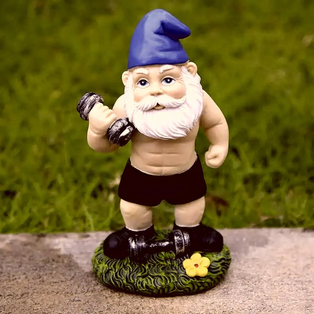 Nain de jardin sportif en résine avec haltères