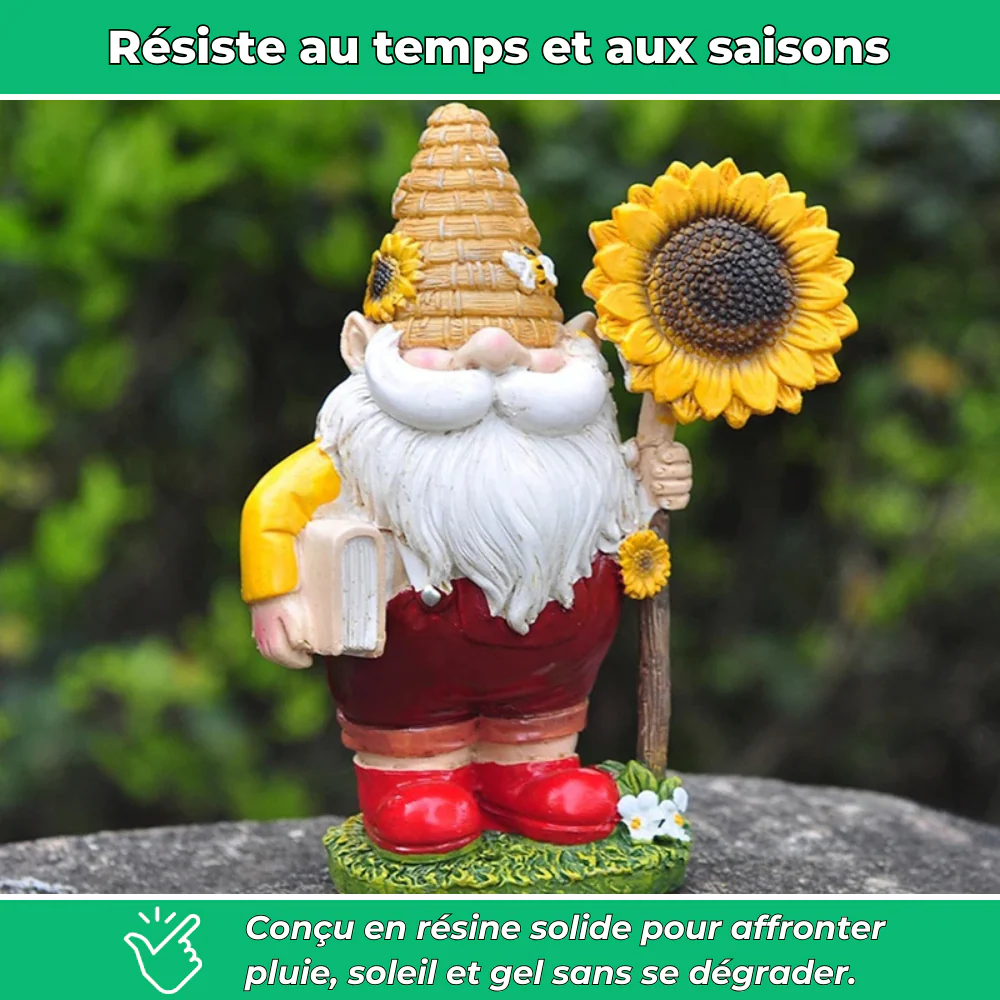 Nain de jardin avec livre et tournesol en résine - Image 3