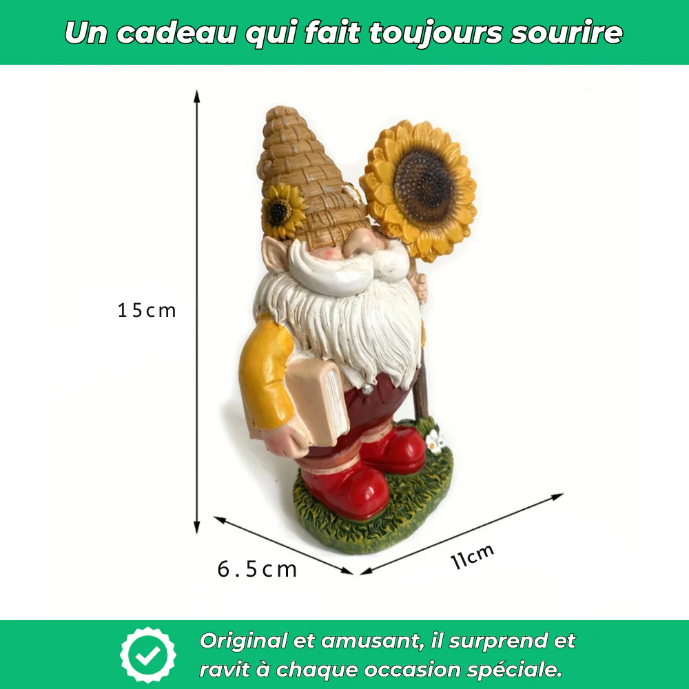 Nain de jardin avec livre et tournesol en résine - Image 4