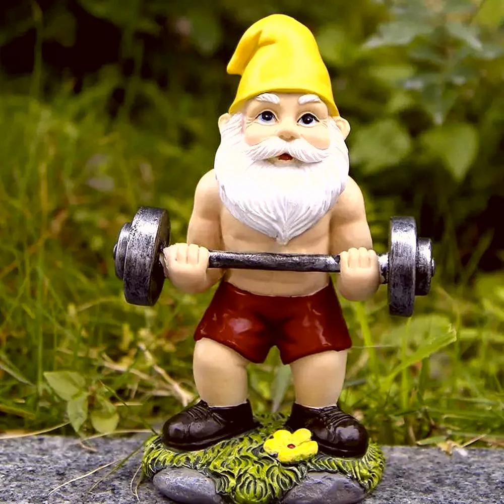 Nain de jardin avec barre de musculation en résine