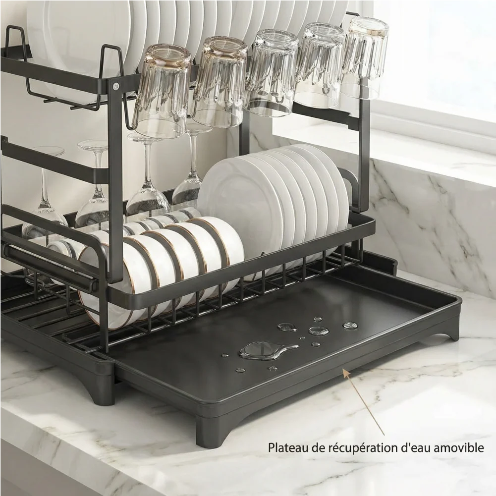 Optimax | Égouttoir Vaisselle Double Étage Grande Capacité avec Bac d’Égouttage et Support Ustensiles - Image 5