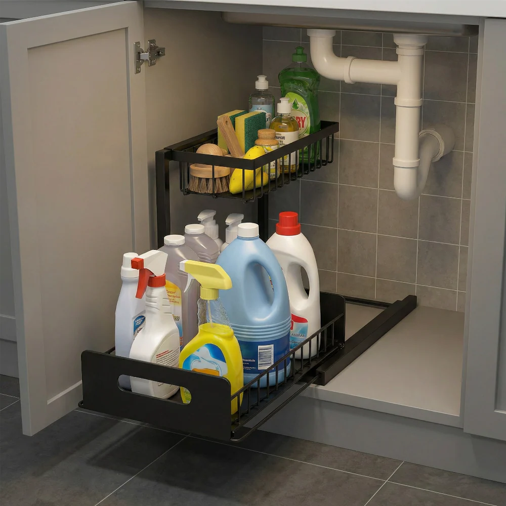 Organiseur Coulissant Modulable Sous Évier | Étagère de Rangement 2 Niveaux Cuisine Salle de Bain Grande Capacité - Image 2