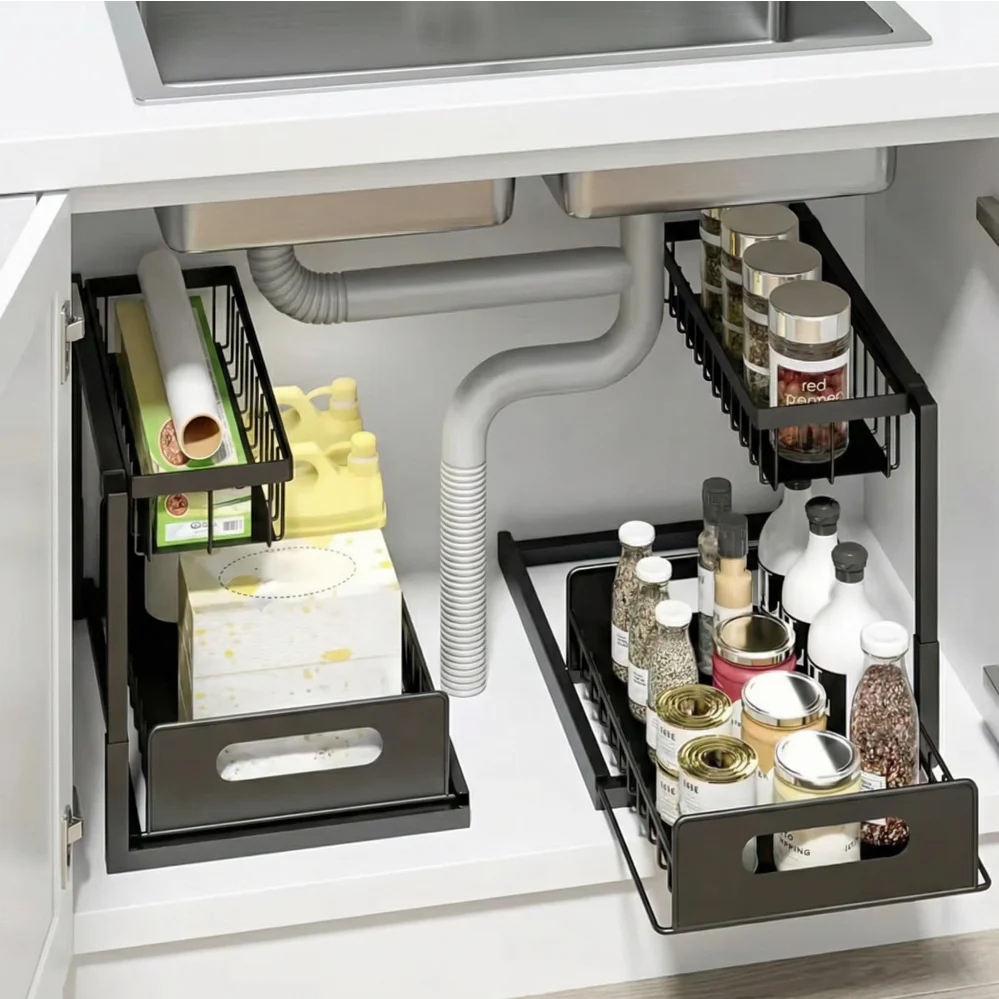 Organiseur Coulissant Modulable Sous Évier | Étagère de Rangement 2 Niveaux Cuisine Salle de Bain Grande Capacité - Image 3