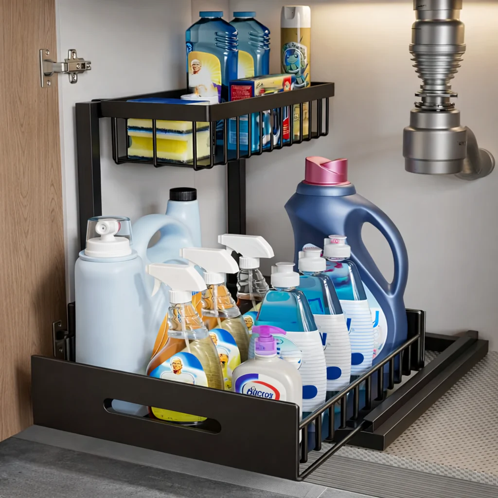 Organiseur Coulissant Modulable Sous Évier | Étagère de Rangement 2 Niveaux Cuisine Salle de Bain Grande Capacité - Image 4