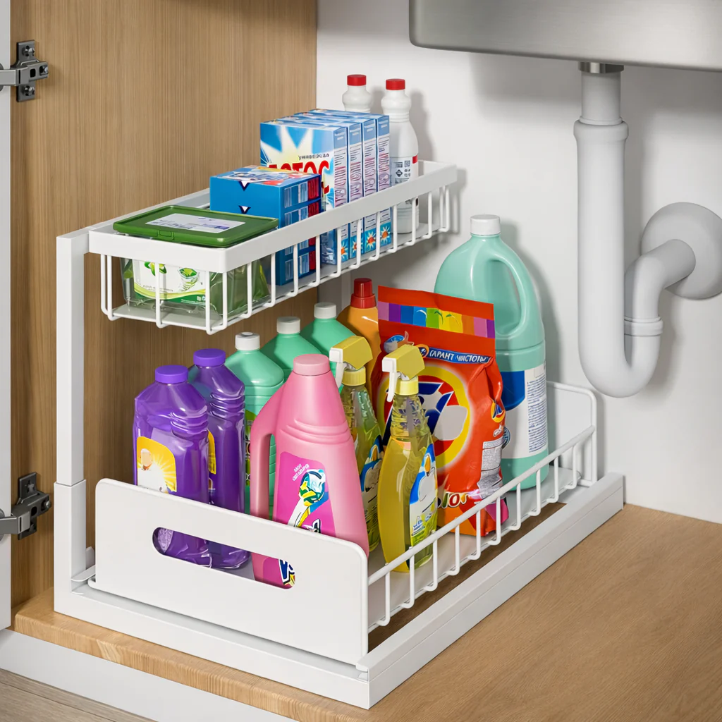 Organiseur Coulissant Modulable Sous Évier | Étagère de Rangement 2 Niveaux Cuisine Salle de Bain Grande Capacité - Image 5