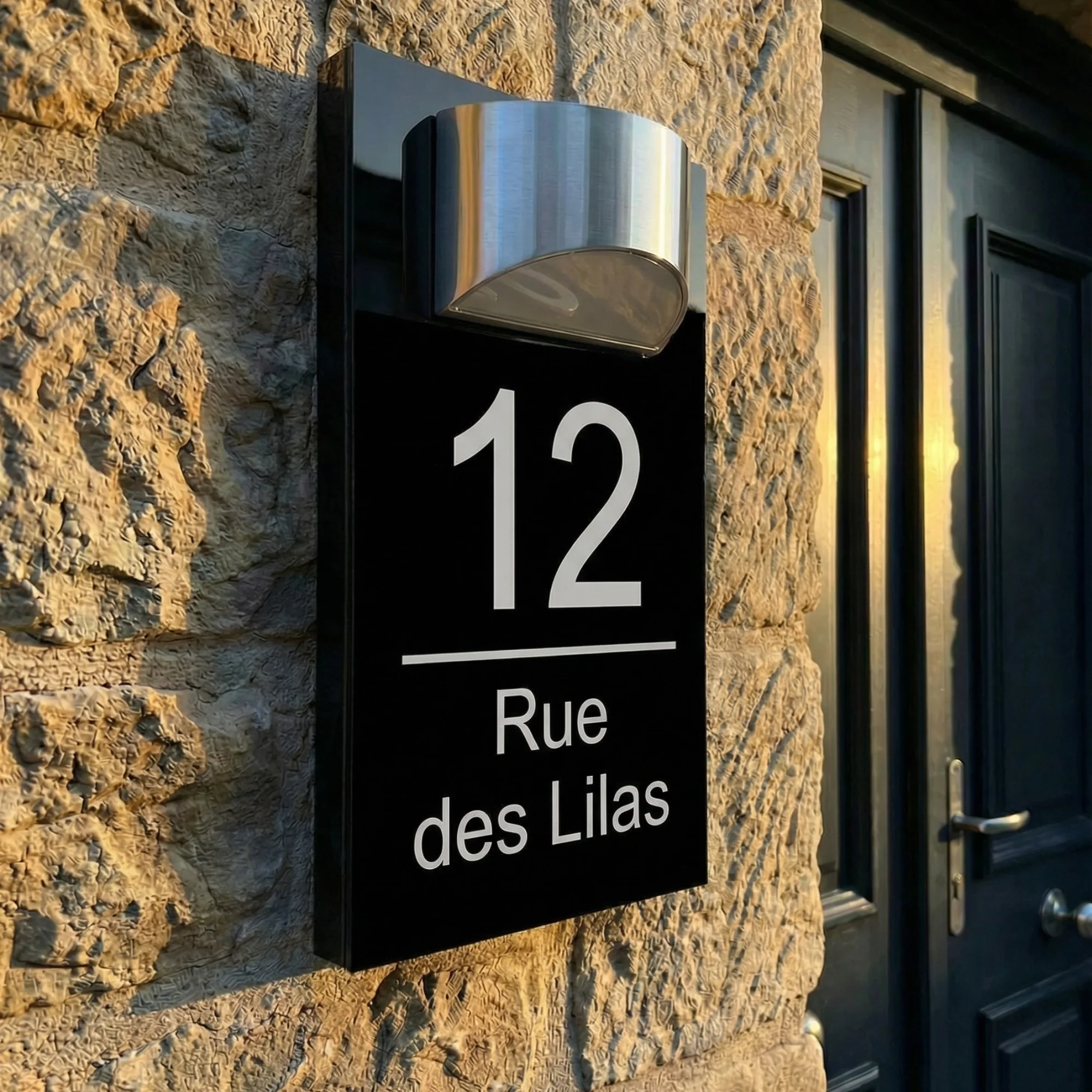 Plaque d’entrée solaire personnalisable noire avec écriture argentée – Lumineuse et résistante extérieur - Image 3