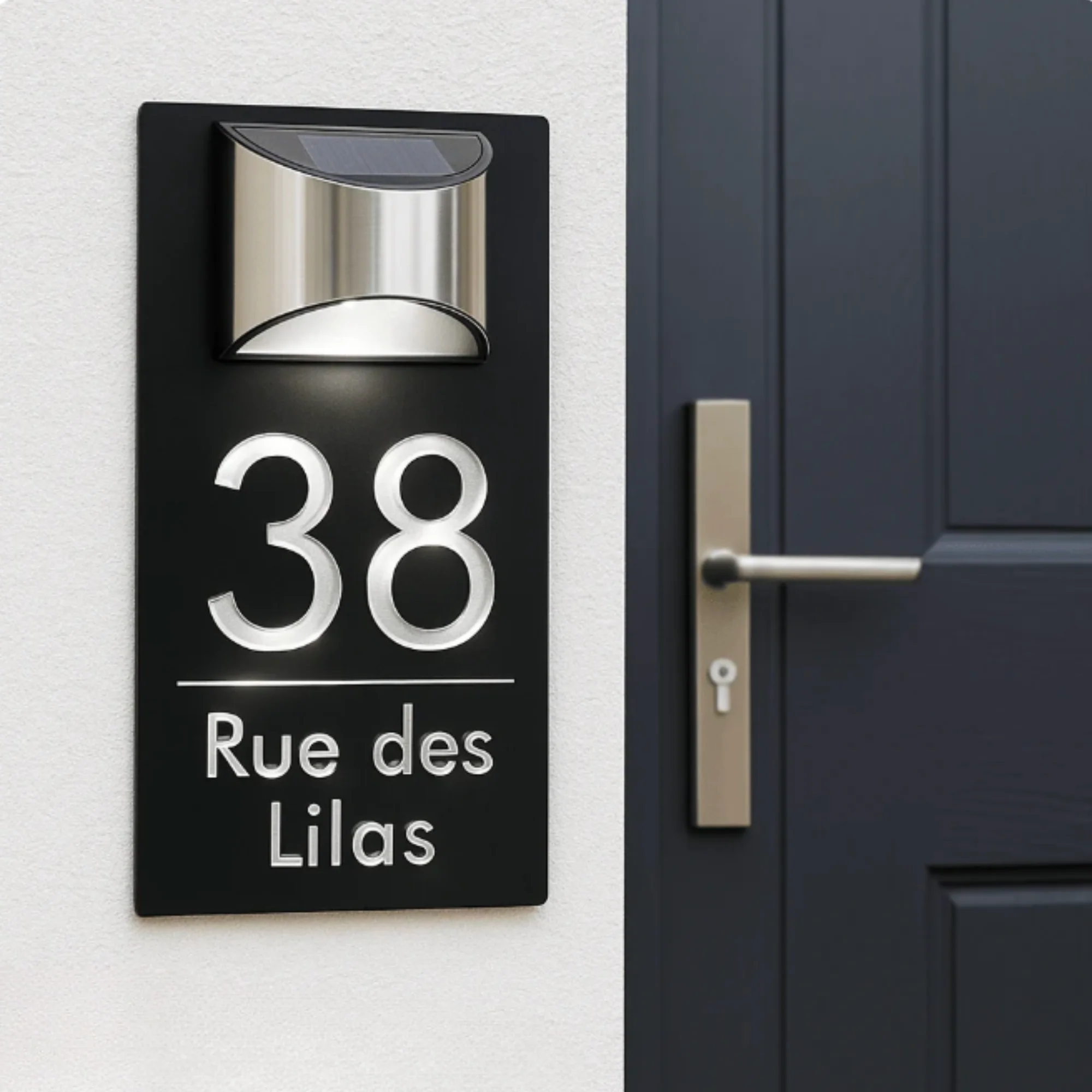 Plaque d’entrée solaire personnalisable noire avec écriture argentée – Lumineuse et résistante extérieur - Image 4