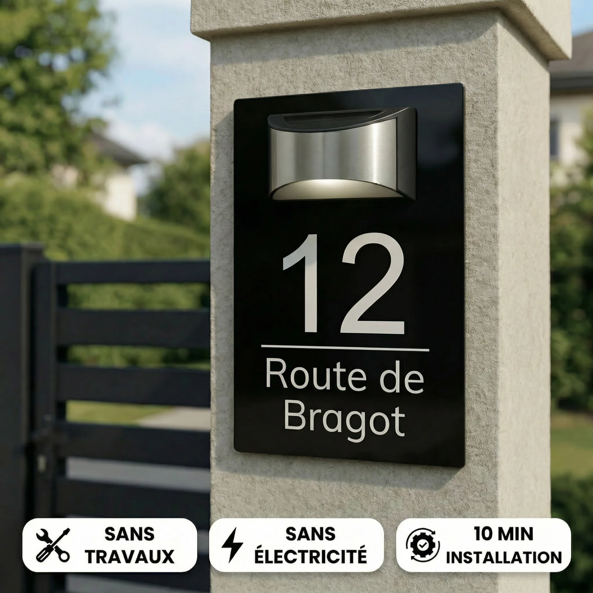 Plaque d’entrée solaire personnalisable noire avec écriture argentée – Lumineuse et résistante extérieur - Image 5