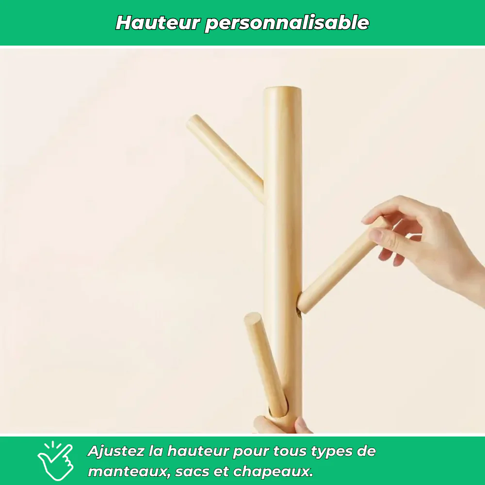 Porte-manteau autoportant en bois massif – 8 crochets réglables pour manteaux, sacs et chapeaux - Image 3