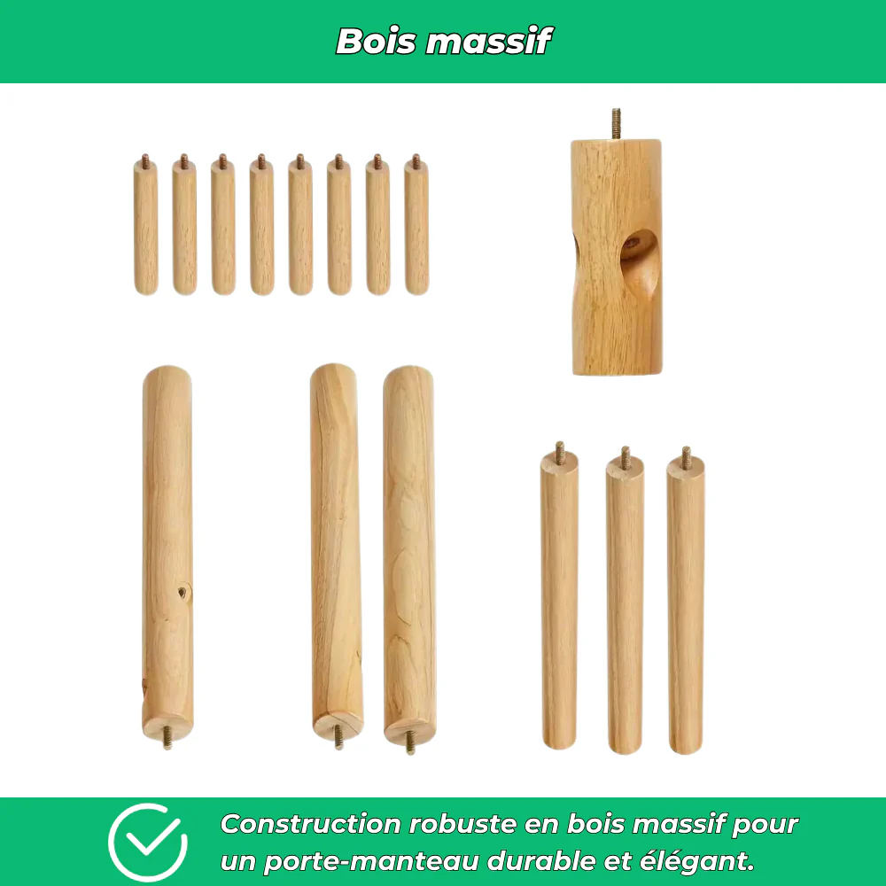 Porte-manteau autoportant en bois massif – 8 crochets réglables pour manteaux, sacs et chapeaux - Image 5