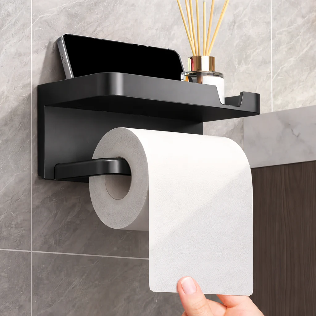 Porte-Papier Toilette Autocollant avec Étagère de Rangement – Mural Sans Perçage
