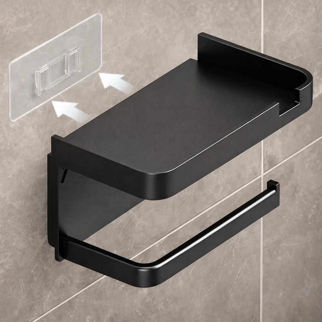 Porte-Papier Toilette Autocollant avec Étagère de Rangement – Mural Sans Perçage - Image 3