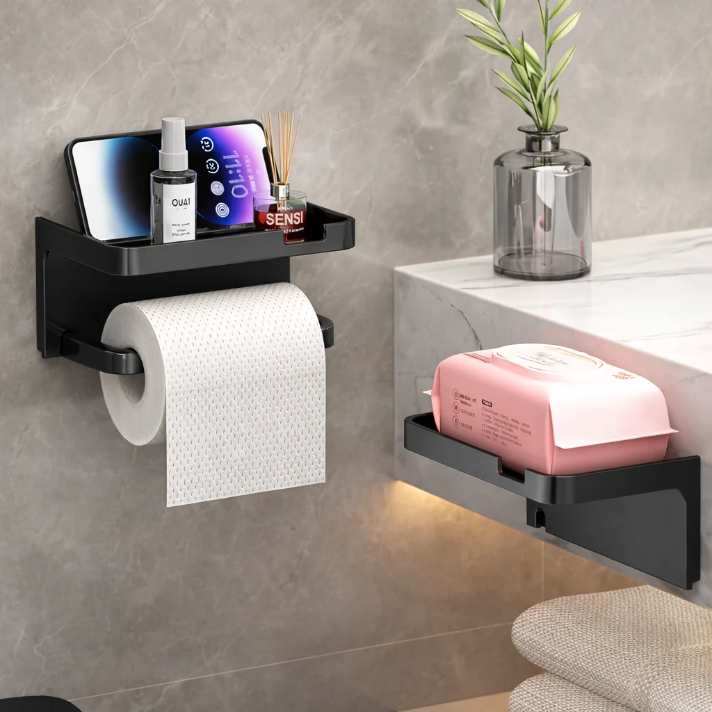 Porte-Papier Toilette Autocollant avec Étagère de Rangement – Mural Sans Perçage - Image 4