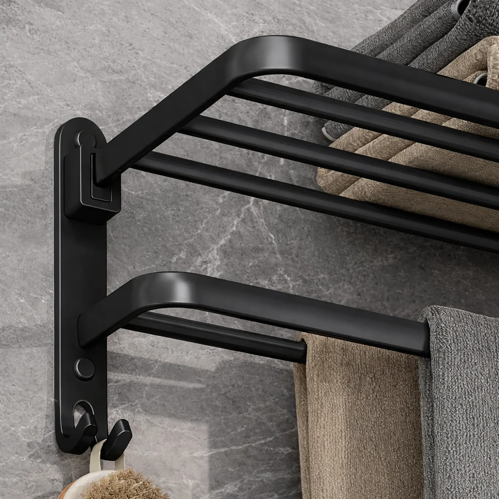 Porte-serviettes mural pliable en aluminium noir mat 50 cm - Image 2