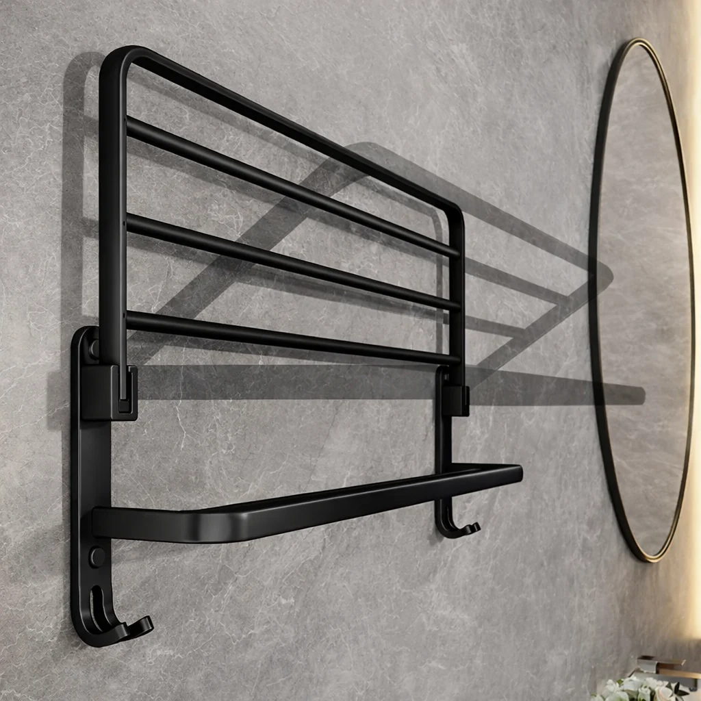 Porte-serviettes mural pliable en aluminium noir mat 50 cm - Image 3