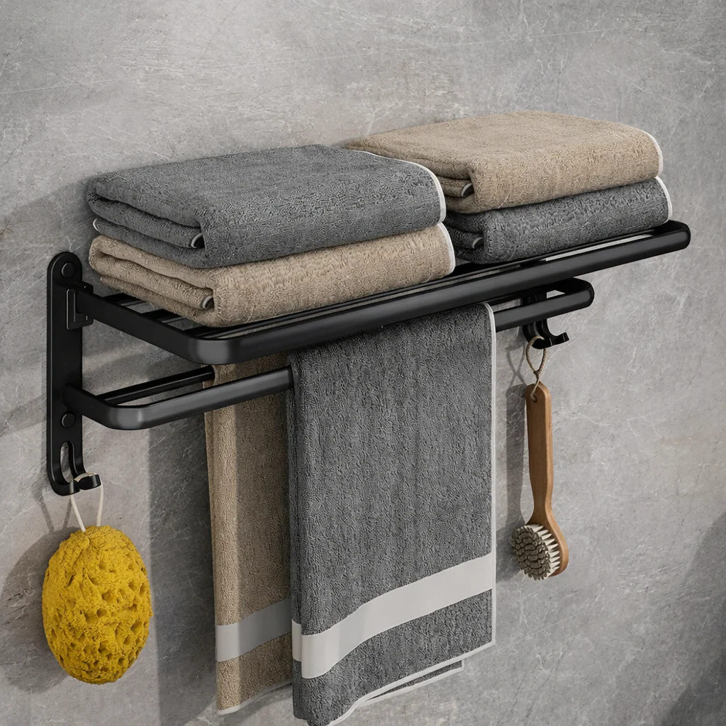 Porte-serviettes mural pliable en aluminium noir mat 50 cm - Image 4
