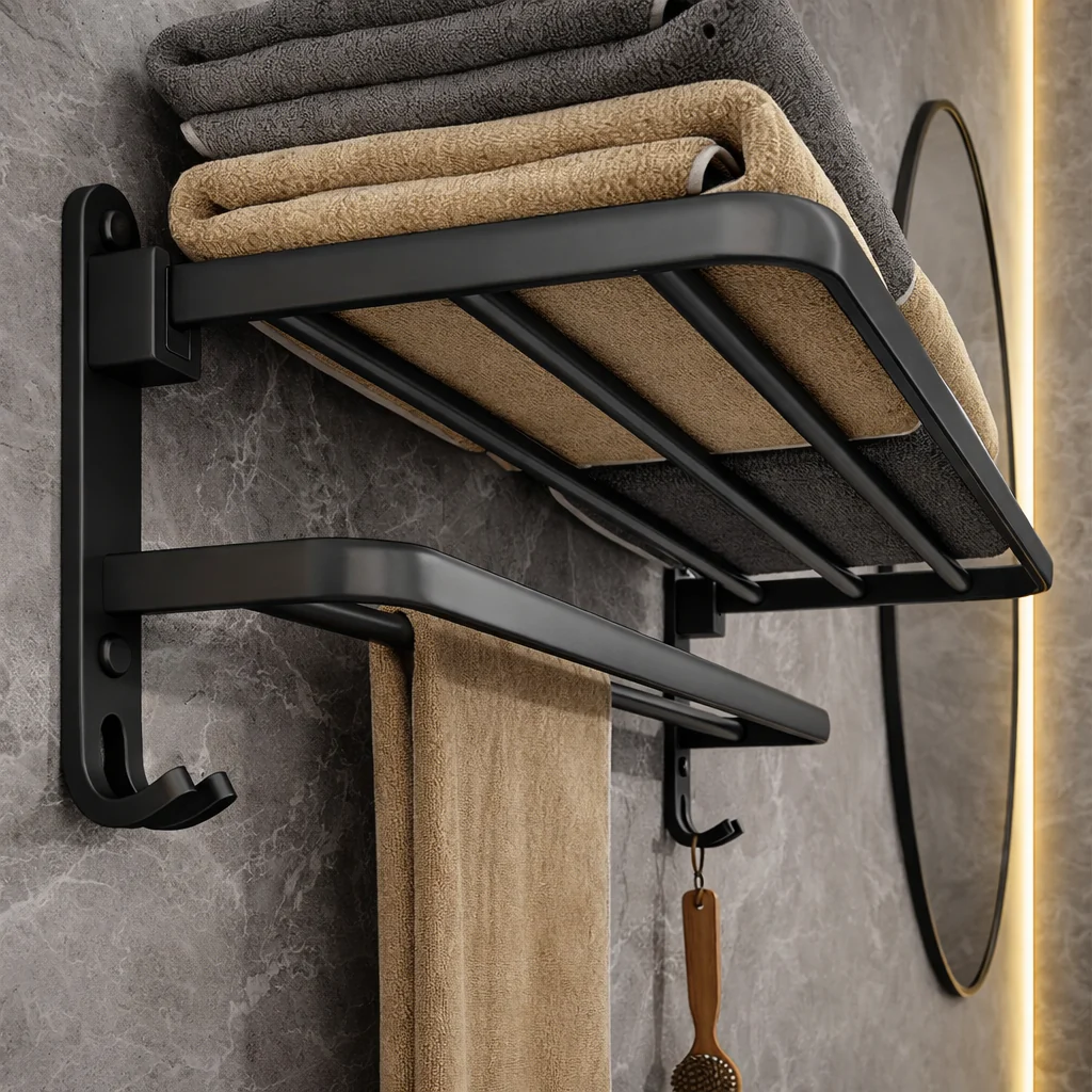 Porte-serviettes mural pliable en aluminium noir mat 50 cm - Image 5
