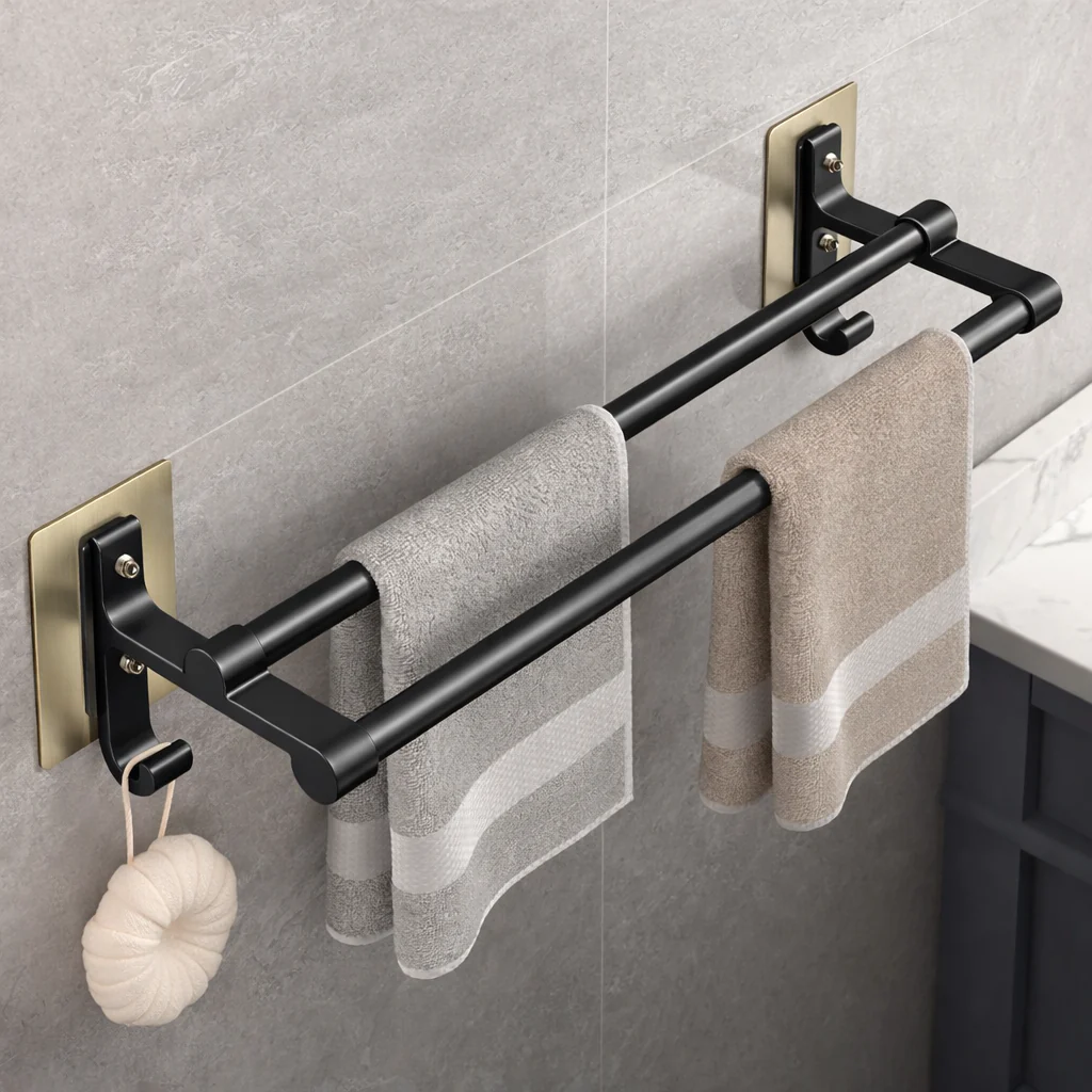 Support serviette mural double barre adhésif en acier inoxydable