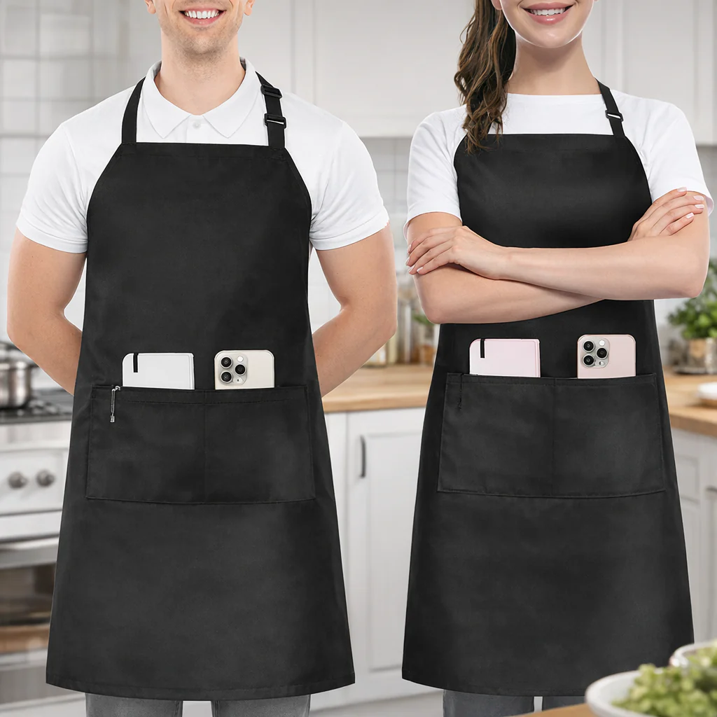 Tablier de Cuisine Unisexe Noir avec 2 Poches et Bretelles Réglables – Usage Professionnel